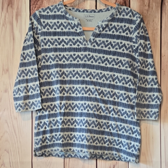 L.L. Bean Navy and Cream Patterned Top 3/4 Length Sleeves Womens Medium - Picture 1 of 8